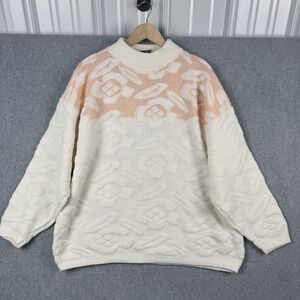 Vintage Justin Allen Xtra Sweater Womens Large White Peach Floral Textured Mock